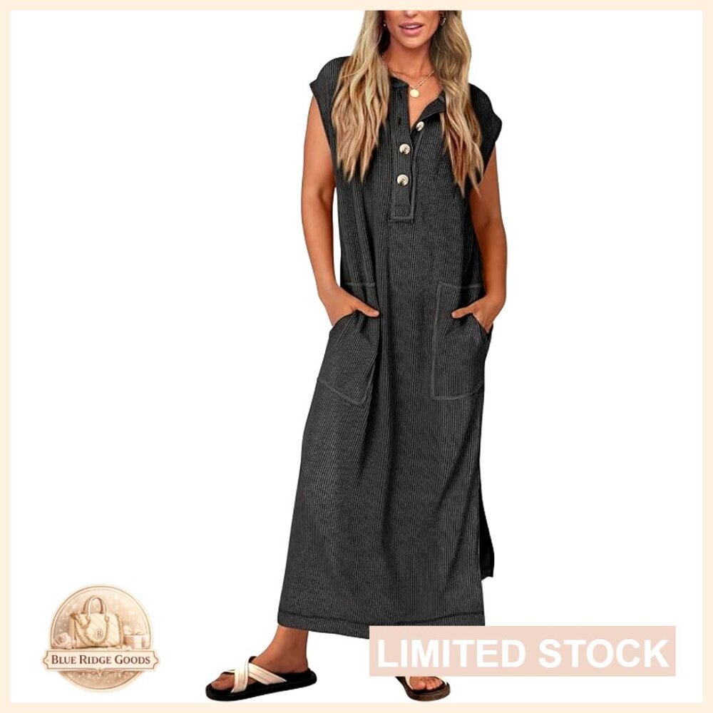 Ribbed Knit Maxi Dress Henley Button Up Loose Beach Vacation Sundress
